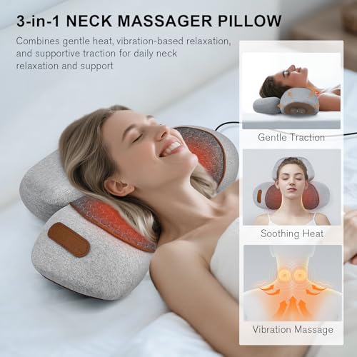 Neck Massager Pillow with Heat & Air Traction, Ergonomic Cervical Support | Auto & Manual Controls with Adjustable Air Lift for a More Flexible Neck Support Experience