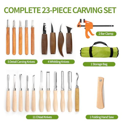 Wood Carving Kit - 23Pcs Wood Carving Tools Set,Carving Knife Set with 4Pcs Whittling Knives,11Pcs Chisel Knives,5Pcs Detail Carving Knives,1Pc Folding Saw,Wood Chisel Sets for Beginners Adults Kids