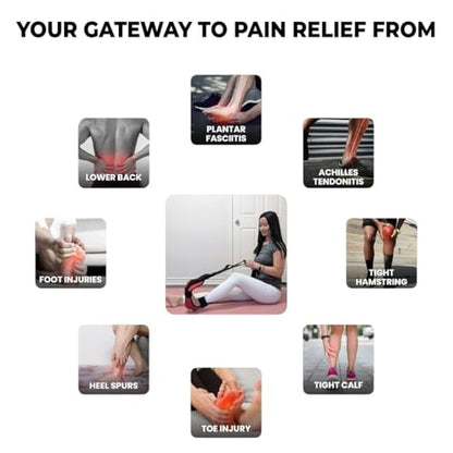 Foot and Calf Stretcher - Stretching Strap for Plantar Fasciitis, Achilles Tendonitis, Heel Spurs, Foot Drop, & Hamstring, Versatile Stretch Strap Used as Leg stretcher, Hamstring Stretcher and Foot Stretcher - color: Red