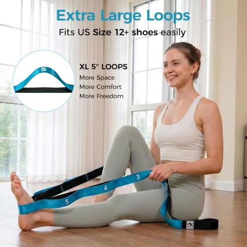 Slim Panda Stretching Strap with Loops - Non-Elastic Heavy Duty Nylon Yoga & PT - Oversized Multi-Loop Home Rehab - Hamstring Shoulder Pilates Flexibility - color: Blue