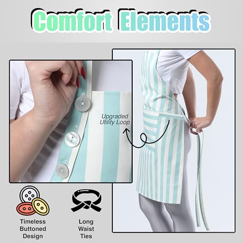 TOSHEX Kitchen Apron Cotton Waterdrop Resistant Adjustable Button Women Men | Premium Cotton Cooking Apron with Pocket. Striped, Gift, Green - color: Green