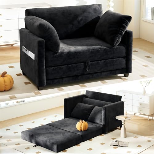 Myroyalsit 51" Convertible Loveseat Sofa Bed, 2-in-1 Folding Sofa Bed with 2 Pillow for Small Spaces, Modern Loveseat Sleeper Couch for Apartment, Living Room & Guest Room (Chenille Black, 51 inch) - color: Light Black, size: 51"