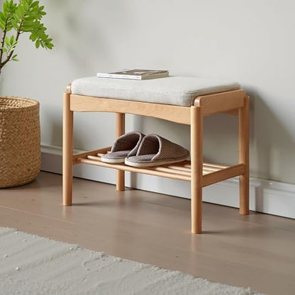 Solid Wood Shoe Bench, Small Entryway Bench with Light Gray Cushion - color: Natural + Light Gray Cushion, size: 17.71"