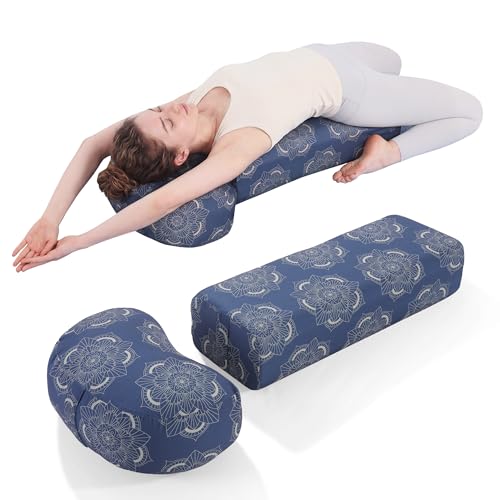 MABOZOO 2-Piece Yoga Bolster Pillow, Rectangular & Crescent Meditation Cushions with Removable Cover for Restorative Yoga, Meditation Accessories for Sitting on Floor - color: Blue Pattern