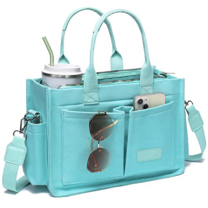 ZHMO Canvas Tote Bag for Women,Women's Bags Crossbody Bags Work Laptop Tote Bag Large Handbags Purse for Travel Nurse Teacher - color: New Upgrade Plus Green With Compartments and Inner Cup Holder