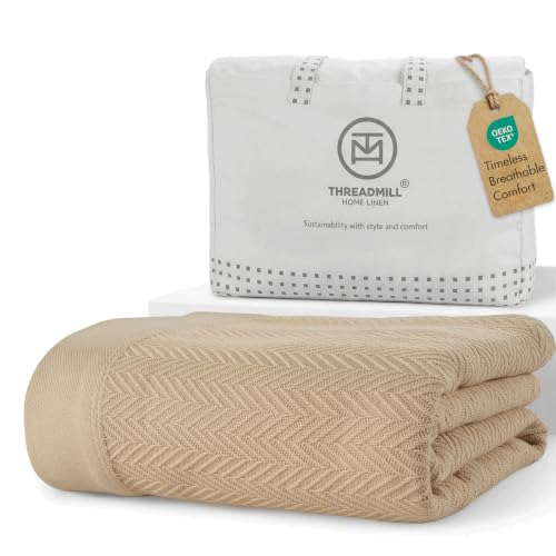 Threadmill Luxury 100% Cotton Twin Herringbone Blanket, Beige - color: Beige, size: Twin (68" x 92")