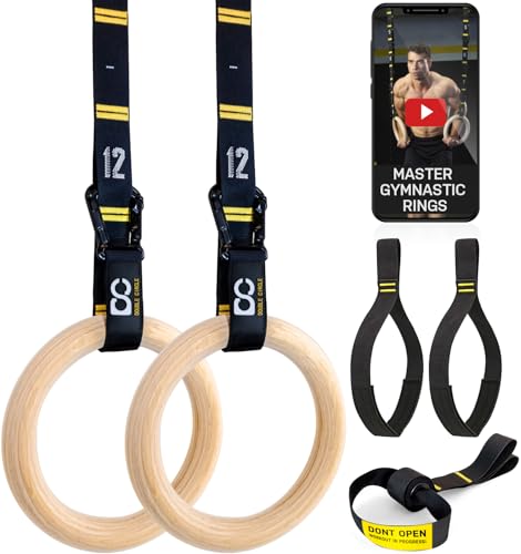 Double Circle Wood Gymnastics Rings with Quick Adjust Numbered Straps and Exercise Videos Guide - Full Body Workout Rings, Calisthenics, Home Gym (Multi-Size) - style: Rings & Straps + Door Anchor + Foot Straps