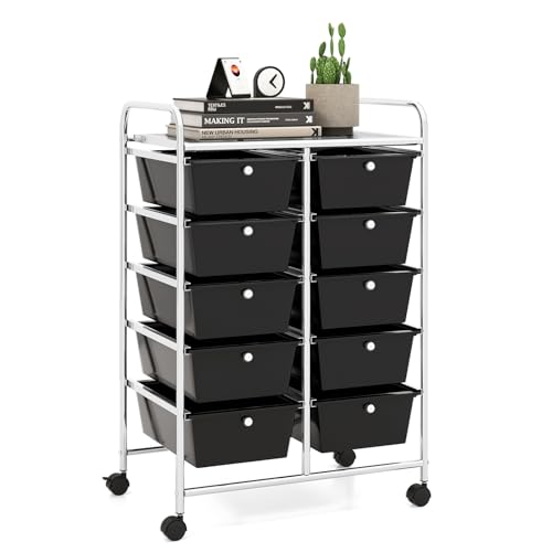 10 Drawer Rolling Cart, Storage Cart Organizer on Wheels, Drawer Cart with Metal Frame & Large Storage Capacity, Rolling Cart with Drawers for Living Room Classroom, Office - color: Black, size: 10 Drawer
