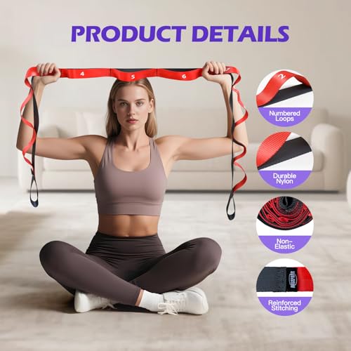 Non Elastic Stretching Strap with Loops - Yoga Straps for Physical Therapy, Durable Stretch Bands for Exercise, Flexibility Training, Hamstring & Leg Stretcher, Yoga/Pilates/Gymnastics - color: Red