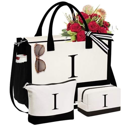 YOOLIFE Gifts for Women - Initial Canvas Tote Bag & Makeup Bag, Birthday Gifts for Women Mom Sister Friends - style: I