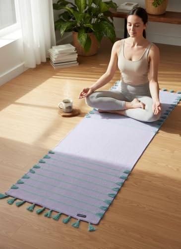 Indian Handmade100 % Organic Anti Skid Multi Colour Cotton Yoga Mat - Eco-Friendly Hand-Woven Rug - Non-Slip & Thick (24”x72”x5mm) for Hot yoga & Everyday Fitness at Home - Comfortable & Foldable Extra-Long Mat - color: Lilac