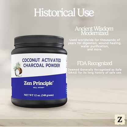Zen Principle Coconut Activated Charcoal Powder. Whitens Teeth, Rejuvenates Skin and Hair, Supports Better Digestion. USA-Owned Producers, Free Scoop, 12 Oz - size: 12 Ounce (Pack of 1)