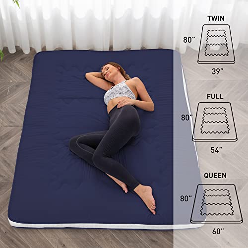 Dr.Futon Japanese Floor Futon Mattress Extra Thick Folding Roll Up Bed Topper Mat for Guest,Lounger and Tavel - color: Navyblue, size: Twin