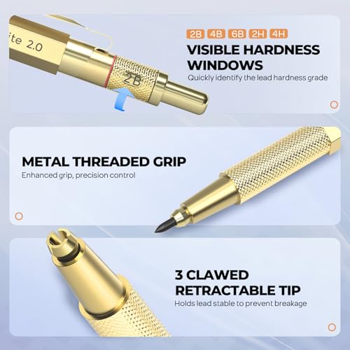 Nicpro 37PCS Gold Art Mechanical Pencil Set, 0.3/0.5/0.7/0.9/2mm Point | 360 Lead Refills(6B 4B 2B HB 2H 4H) 4 Erasers+18 Eraser Refills, Full Metal, School Supplies for Sketching Drawing Drafting - color: Gold, style: 0.3 0.5 0.7 0.9 2.0