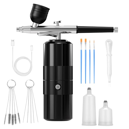 Airbrush Kit with Compressor Portable Airbrush Kit 48PSI High-Pressure Non-Clogging Air Brush Set Cordless Rechargeable with 0.3mm Nozzle and Cleaning Brush for Painting,Nail Art, Makeup (black) - color: Black
