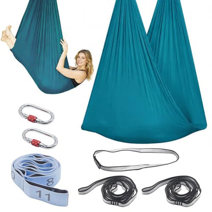 Blue-Green Gradient & Dark Green Aerial Yoga Hammock (400x180 cm / 157"x71"), Soft Silk Swing for Anti-Gravity Yoga, Inversion Therapy, Ideal for Strength, Flexibility Training and Stress Relief - color: Dark Green