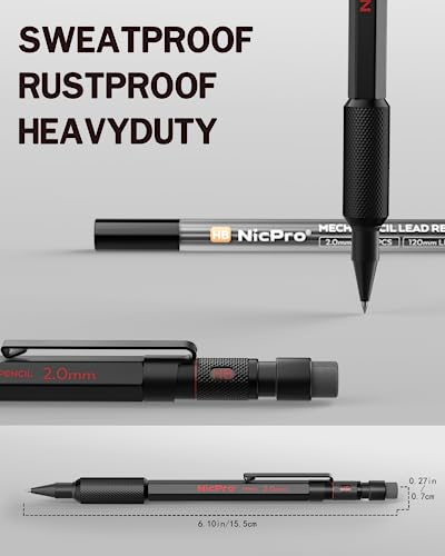 Nicpro 2mm Metal Mechanical Pencils Set with Case, 3 Pack Black | 69 Lead Refills (4B 2B HB 2H 4H Color), Eraser, Weatherproof Metal Barrel, Heavy Duty Carpenter Pencil For Writing Drawing - size: 3 Pack