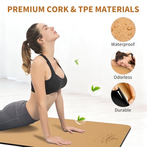 Hatha Yoga Extra Large Natural Cork Yoga Mat - 78" x 32" or 72" x 48", 1/2" Extra Thick Non-slip TPE Exercise Mat, Anti-tear Pilates Mat for Home, Gym, Hot Yoga, Stretching, Fitness & Workouts - size: Extra Long (78"x32"x1/2")