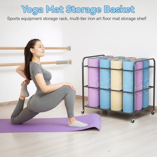 Yoga Mat Storage Rack with Wheels, 12 Mats Capacity Home Gym Organizer, 3-Tier Rolling Fitness Equipment Holder with Bottom Shelf for Yoga Mats, Foam Rollers, Exercise Accessories