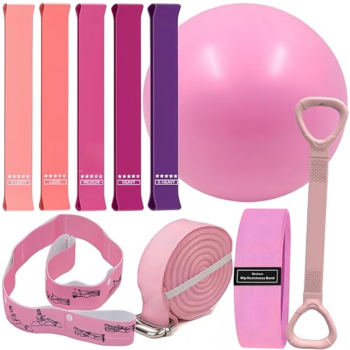 Pilates Set – Home Pilates Equipment for Women Kit with Magic Circle Pilates Ring and Ball Set, Resistance Bands & Massage Balls & Exercise Bands for Toning，Flexibility & Core Strength - color: Light Pink