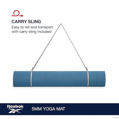 Reebok 5mm Solid Yoga Mat 68" x 24" Non-Slip, Lightweight, Foldable, and Durable Exercise Mat with Carry Strap for Home Workout, Yoga, Pilates, Fitness, and Outdoor Training - color: Hoops Blue