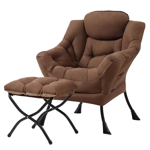 Tiita Lazy Chair with Ottoman, Comfy Reading Accent Chair, Brown | Foldable Footrest, Padded Seat and Backrest, Side Pocket for Lounging in Living Rooms, Bedrooms, Dorms and Small Spaces - color: Peach Skin Brown