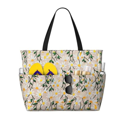Large Beach Bag for Women Waterproof Foldable Travel Shoulder Tote Bag with Pocket for Weekender Pool Vacation - color: Daisy Beige