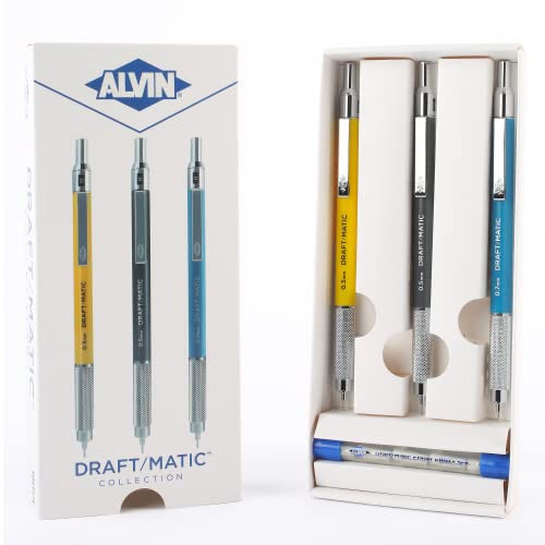 Alvin, Draft-Matic Mechanical Pencil, 3 Pack, Stainless Steel Drawing and Design Tools, Great for Drafting, Architecture, Engineering, and Art - Includes 0.3mm, 0.5mm, and 0.7mm