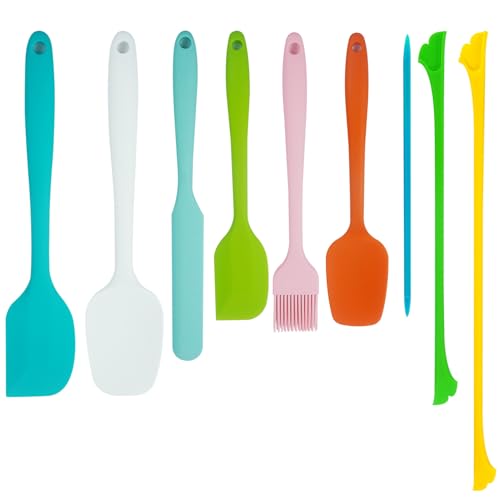 9-Piece Silicone Spatula Set with Brush & Jar Scrapers | 500°F heat resistant, non-scratch BPA-free silicone, seamless design, for cooking, baking, mixing, and jar scraping