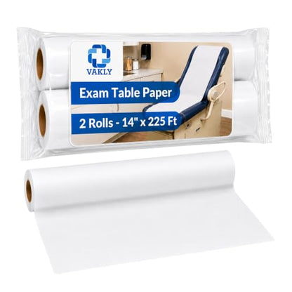 Vakly Exam Table Paper Roll 14 in x 225 ft Smooth, Disposable, 2 Rolls | Medical barrier paper, tear resistant, absorbent, latex free, fits exam, massage and therapy tables