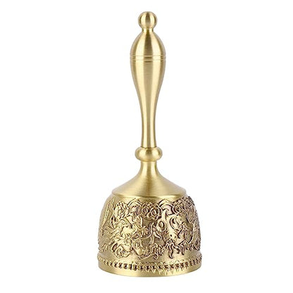 Solid Brass Hand Call Bell 4.7 Inch – Loud Dinner Bell with Elegant Carved Design & Curved Handle for Classroom, Church, School, Wedding, and Meditation