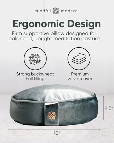 Mindful Modern Velvet Meditation Cushion | Luxe Zafu Yoga Floor Pillow Seat | Posture Support | Buckwheat Hull Filled | Large Round Cushion with Removable Washable Cover + Carry Handle - color: Graphite Grey