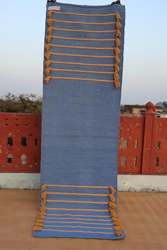 Jaipur Art & Rugs Cotton Yoga Rug - Eco-Friendly Hand-Woven Thick Mat (24”x72”x5mm) for Everyday Fitness at Home - Comfortable & Extra-Long - color: Light Blue-Yellow