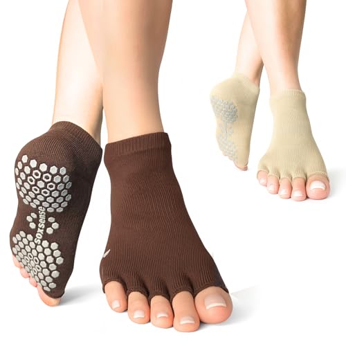 Soxsense Toeless Grip Socks for Pilates & Yoga, Open Toe Non Slip Socks with Cushion for Barre, Dance, Workout 2Pairs - color: Brown/Beige, size: Large