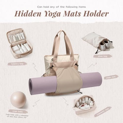 GOLF SUPAGS 3-in-1 Laptop Tote Backpack for Women 15.6" Quilted Work Gym Bag with Hidden Yoga Mat Carrier for Travel Leisure (Gravel Brown & Beige) - color: Gravel Brown & Beige