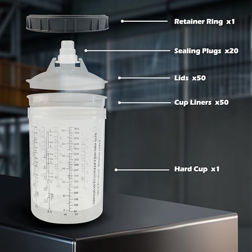 ENDOZER Disposable Paint Cup 50 Pack 27 Ounce(800ML) Mixing Cups for Automotive Spray Gun with 50 Liners and Lids System, 1 Hard Cup with Retainer Ring, 20 Plugs, 2 Adapters for Paint Gun - color: Dis-800ml-50pcs