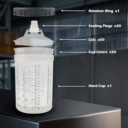 ENDOZER Disposable Paint Cup 50 Pack 27 Ounce(800ML) Mixing Cups for Automotive Spray Gun with 50 Liners and Lids System, 1 Hard Cup with Retainer Ring, 20 Plugs, 2 Adapters for Paint Gun - color: Dis-800ml-50pcs