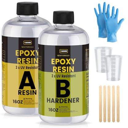 TAKIMO 32OZ 3X UV Resistant Crystal Clear Epoxy Resin Kit, 1:1 High Gloss | Non-Yellowing Formula, Bubble-Free, Self-Leveling, Art, Crafts, Jewelry, Casting, Coating and Tabletop Projects - size: 32 OZ