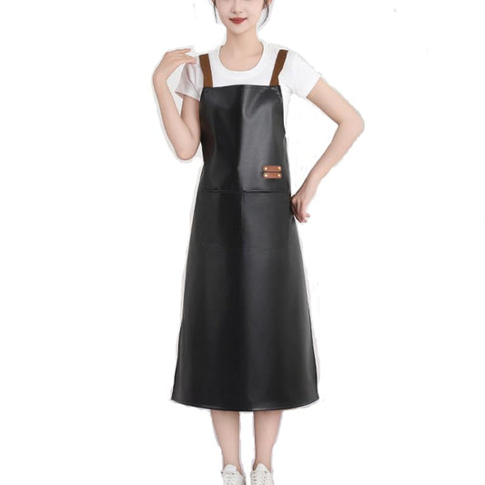 Waterproof Apron Large Pocket PU Material Waterproof Oil-proof Dust-proof Apron Black and Red - color: Black（long）