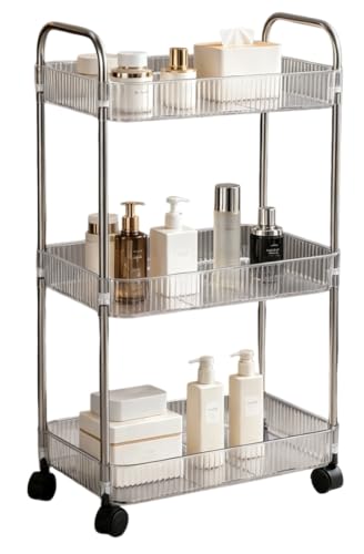 Sooyee Clear 3-Tier Plastic Rolling Utility Cart with Wheels | Multi-Functional Storage Cart Trolley, For Office, Bathroom,Living Room, Kitchen, Movable Storage Organizer - color: Clear, size: Wide 3 Tier