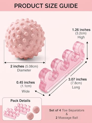 4-Piece Toe Spreaders and Foot Massage Ball Kit | 2 Pairs Gel Toe Stretchers & 2 Spiky Massage Balls for Bunion Relief, Plantar Fasciitis, Foot Pain(Pink) - color: Pink