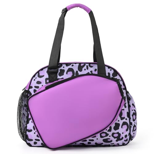Boulder Bee Pickleball Tote Bag for Women with Paddle Holder | Fits 2 paddles. 2 side pockets for water bottle. Lightweight. Vintage floral patterns. Perfect gym & court bag. - color: Purple leopard