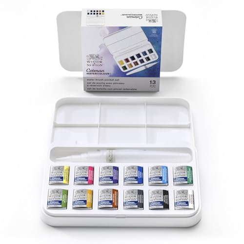 Winsor & Newton Cotman Watercolor Paint Set, 12 HP Water Brush Pocket Set | Introductory Watercolor made with Fine Art Pigments, Perfect for Beginners, Lightfast & Permanent, Good Tinting Strength - style: 12 Half Pan Water Brush Set