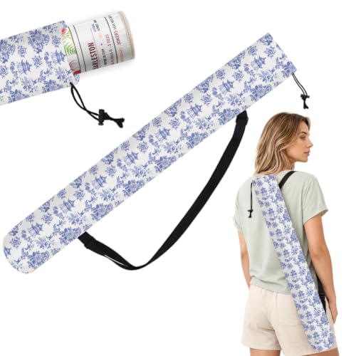 FINGERINSPIRE Mahjong Mat Holder Bag with Strap 35.83x5.9inch Canvas Yoga Mat Bags with Adjustable Strap Blue Birds Floral Branches Print Drawstring Carrier Bag Outdoor Storage for Mahjong Yoga Mats