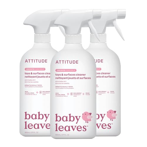 ATTITUDE Baby & Kids Toy Cleaner Spray, EWG Verified, Multi-Surface Cleaner for Toys, High Chairs & Play Areas, Naturally Derived, Vegan, Unscented, 27.1 Fl Oz (Pack of 3) - size: 27.1 Fl Oz (Pack of 3)
