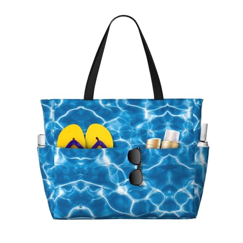 Large Beach Bag for Women Waterproof Foldable Travel Shoulder Tote Bag with Pocket for Weekender Pool Vacation - color: Water Blue