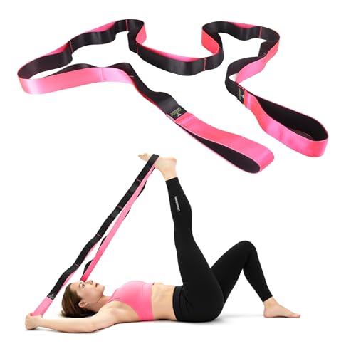 TAVIEW Yoga Strap for Stretching – Stretch Band with 12 Loops –Multi-Grip Pilates Hamstring Stretcher Belt – Physical Therapy Equipment for Best Flexibility - color: Pink & Black