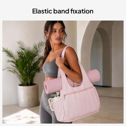 TOPEAST Foldable Tote Bag for Women with Yoga Mat Holder,Travel Tote Bag with Water Bottle Pocket,Lightweight Workout Gym Bag - color: Pink