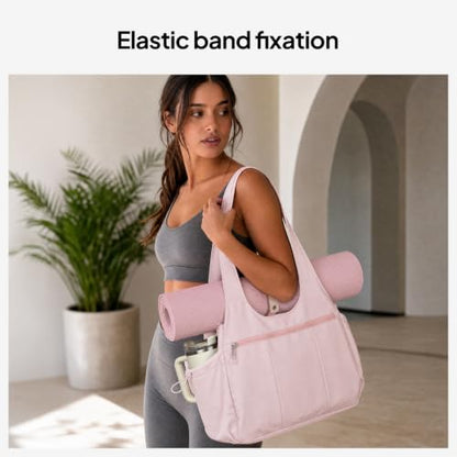 TOPEAST Foldable Tote Bag for Women with Yoga Mat Holder,Travel Tote Bag with Water Bottle Pocket,Lightweight Workout Gym Bag - color: Pink