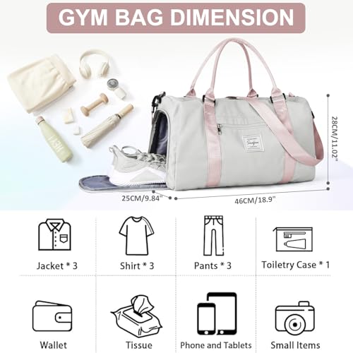 Gym Bag for Women Men with Shoes Compartment,Sports Duffle Bag Personal item travel Duffel Bags Tote Bag Small Carry on Weekender Overnight Bag Workout Dance Bag Hospital Holdalls Grey Pink - color: A11-Grey Pink